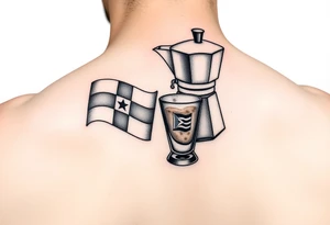 A simple stovetop espresso maker with a Dominican flag, tipped to pour coffee into a small Cuban coffee glass with a Cuban flag. Using shading to make the tattoo pop. tattoo idea