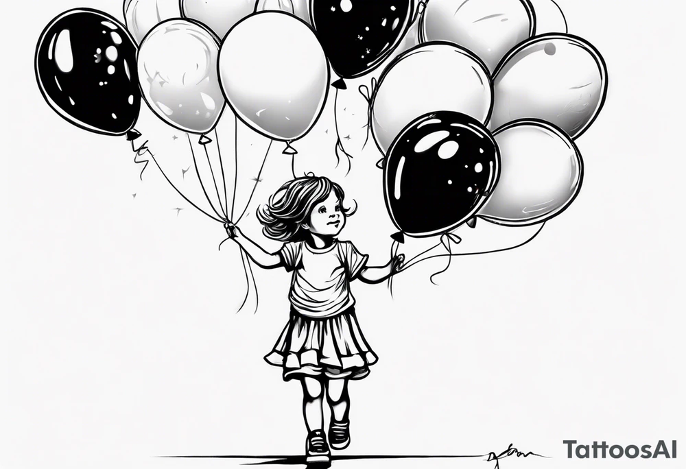 Little girl holding on to balloons and wearing a T-shirt saying ‘dream’ , going up to the sky tattoo idea