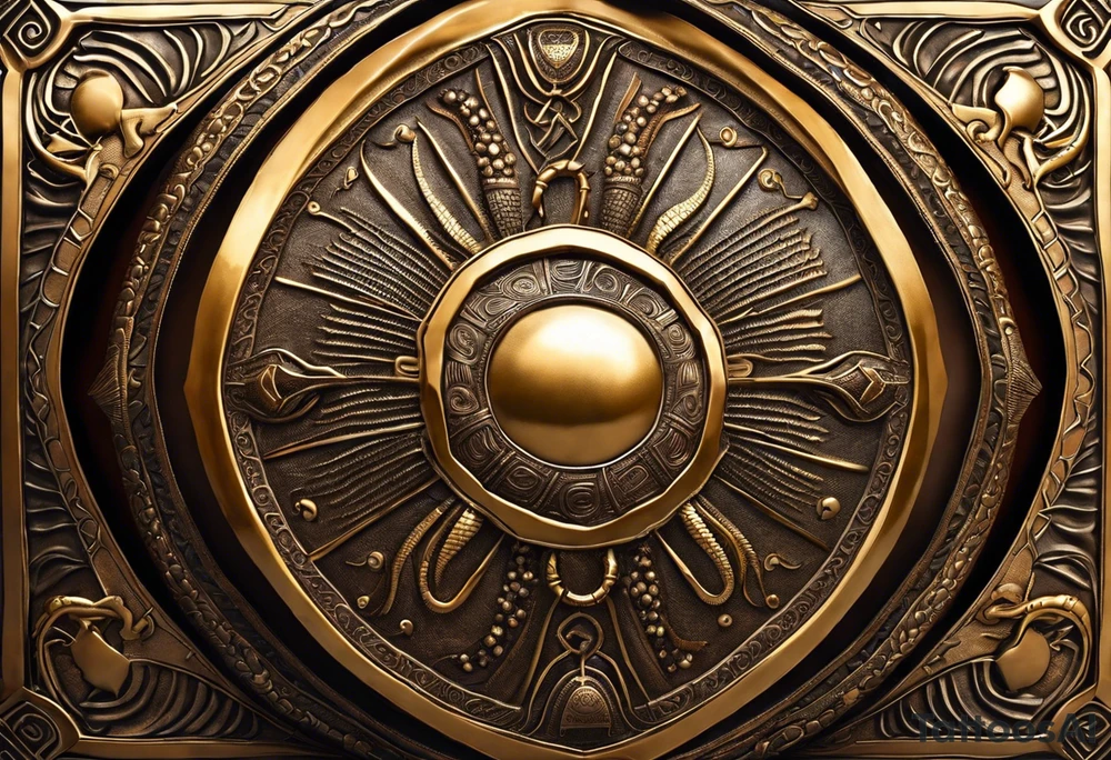 A shield with intricate patterns and engravings, adorned with coiled snakes and scorpions underneath. Rays of light emanate from the shield, signifying spiritual power. Bold outlines for the shield and creatures, with detailed patterns. Delicately depict the scales of snakes and the segmented bodies of scorpions. Integrate the creatures harmoniously with the overall design. tattoo idea