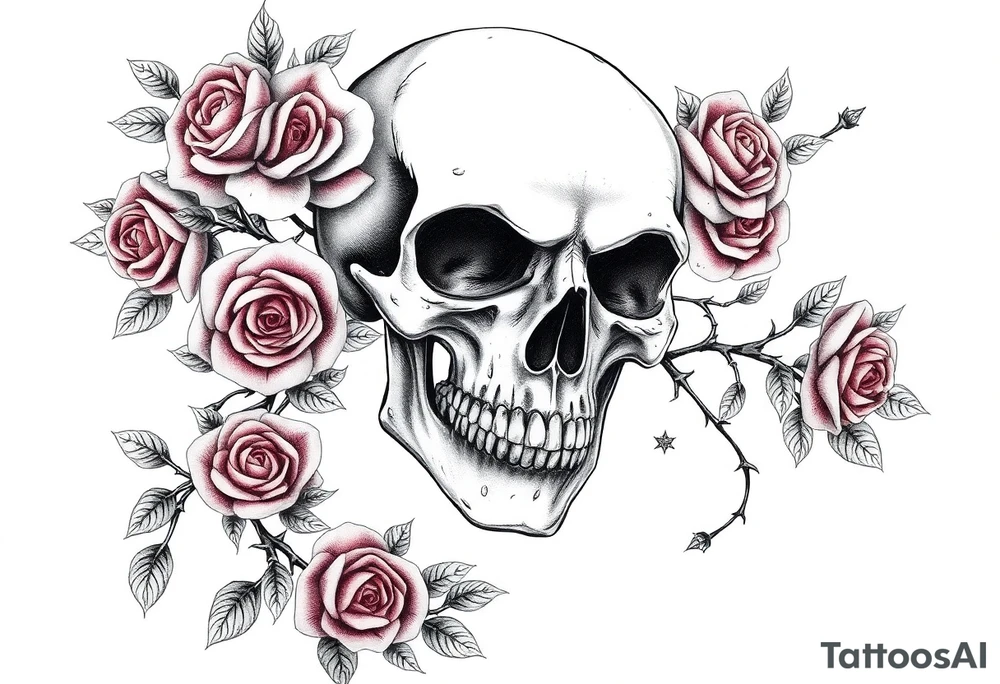 gothic skull intertwined with climbing roses and thorny vines tattoo idea