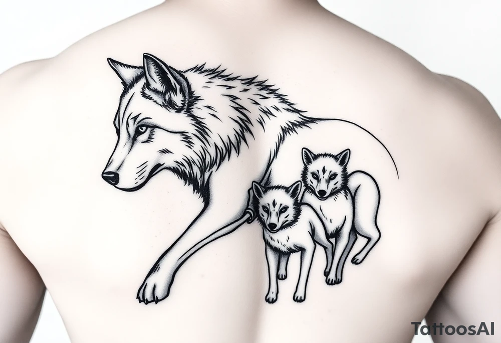 A solitary yet sublime and noble wolf and its progeny. tattoo idea