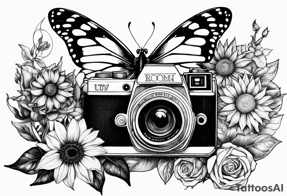 Butterfly, sunflower, camera, book, flower rose tattoo idea