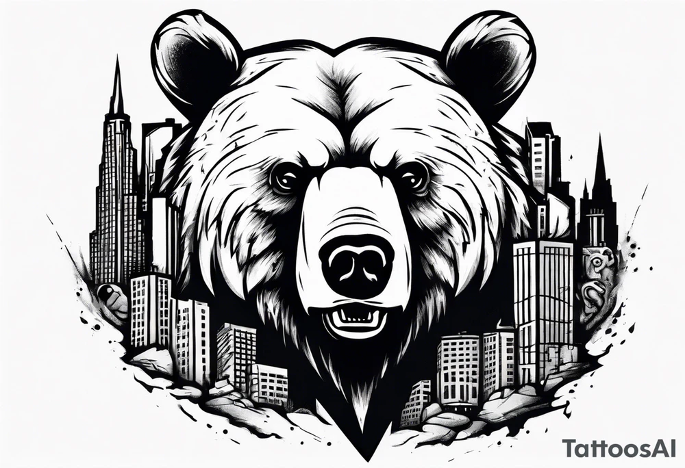 Serious bear coming up behind a city tattoo idea