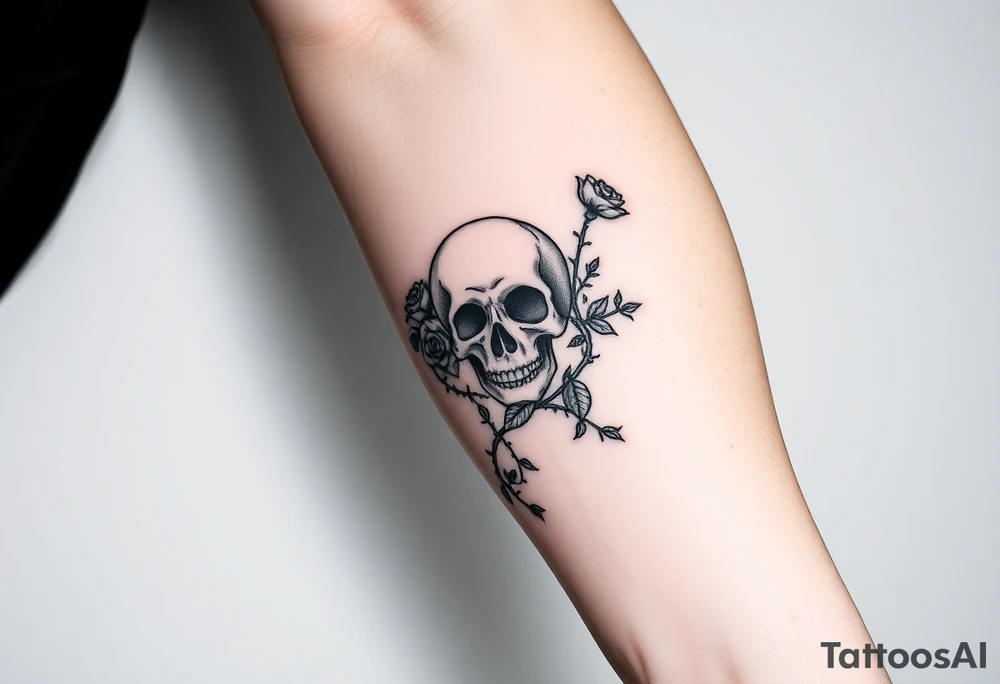 gothic skull intertwined with climbing roses and thorny vines tattoo idea