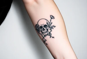 gothic skull intertwined with climbing roses and thorny vines tattoo idea