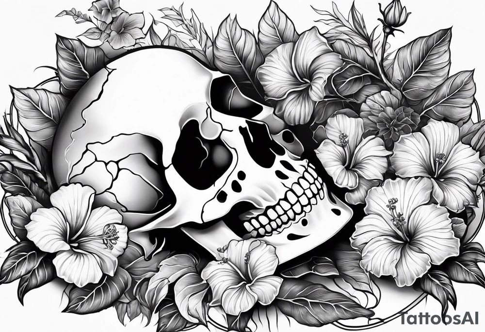 a  female skeleton of bones laying in a bed surrounded by hibiscus flower. tattoo idea