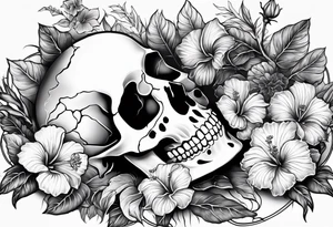 a  female skeleton of bones laying in a bed surrounded by hibiscus flower. tattoo idea