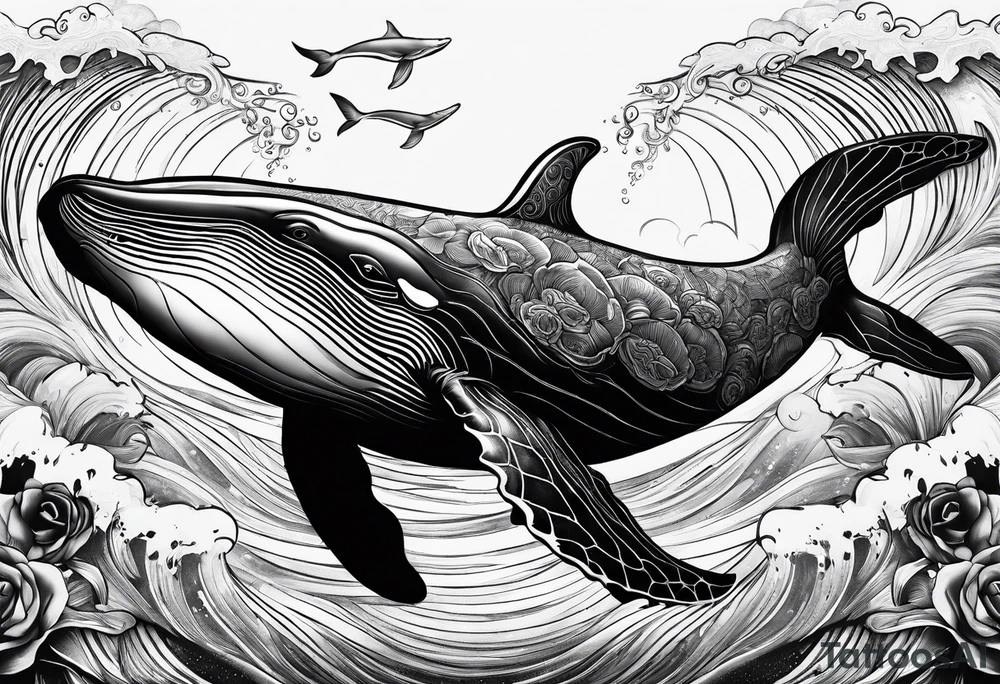 whale with a turtle integrated with a big wave tattoo idea