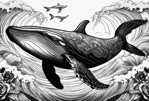 whale with a turtle integrated with a big wave tattoo idea
