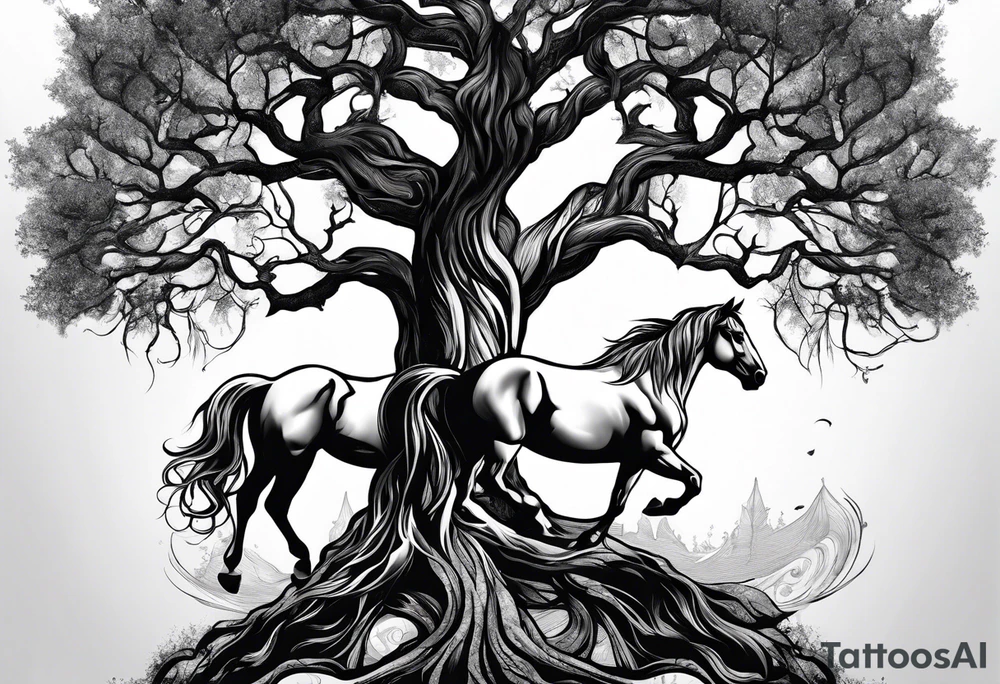 Realistic Horse and Yggdrasil tree tattoo idea