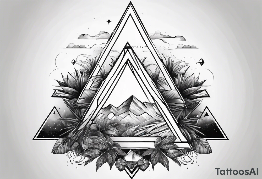 thick line art of space and jungle in 3 triangle shape tattoo idea