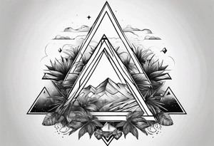 thick line art of space and jungle in 3 triangle shape tattoo idea