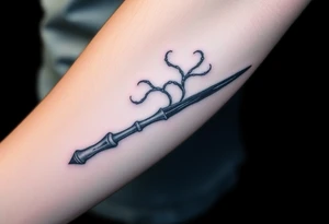 A Death Eater wand with a bone-like structure, emitting dark magical tendrils tattoo idea