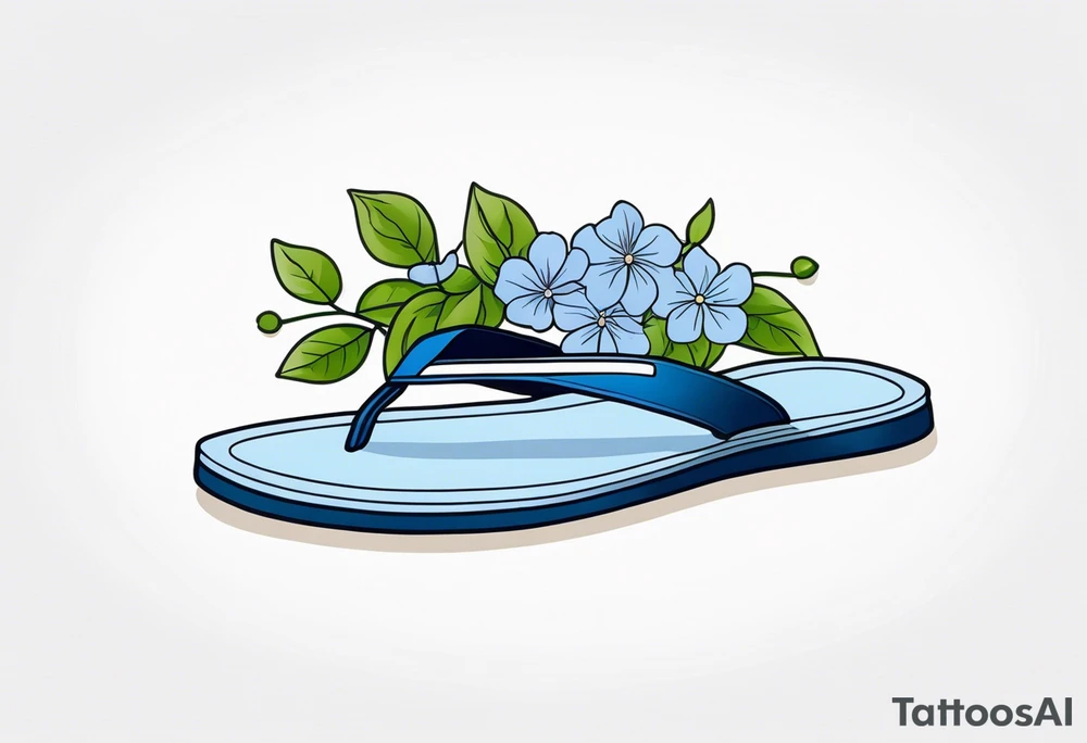small tattoo of a pastel blue flip flop surrounded by blue and periwinkle hydrangea flowers with green leaves tattoo idea