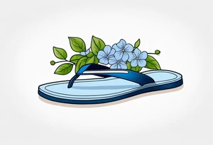 small tattoo of a pastel blue flip flop surrounded by blue and periwinkle hydrangea flowers with green leaves tattoo idea