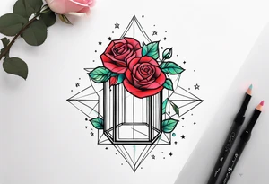 Tall Tesseract with roses and stars top and bottom dainty tattoo idea