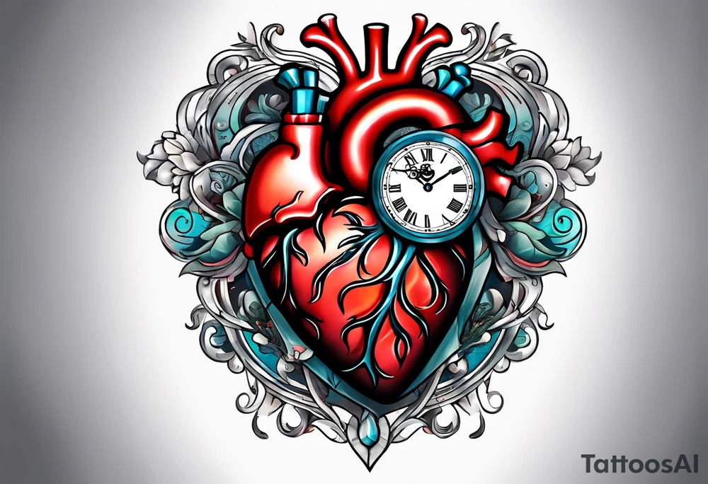 anatomical heart with clock in middle.
Clock hands on 8 and 5.
Never Say Never written on tattoo tattoo idea