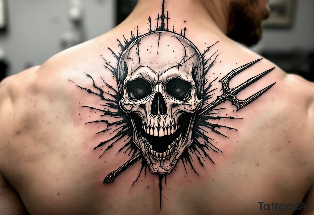 laughing skeleton face behind trident tattoo idea