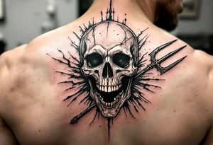 laughing skeleton face behind trident tattoo idea