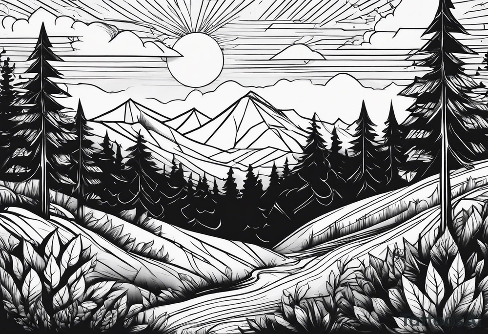 forest along the edges where there are fires below and in the distance with full trees tattoo idea