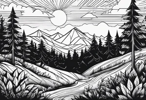 forest along the edges where there are fires below and in the distance with full trees tattoo idea