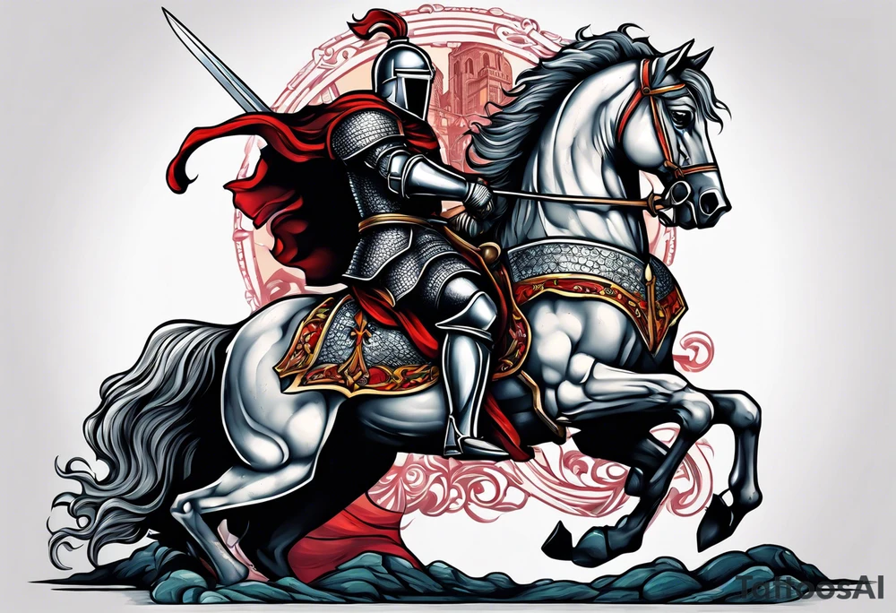knight kneeling cross of saint george in background tattoo idea