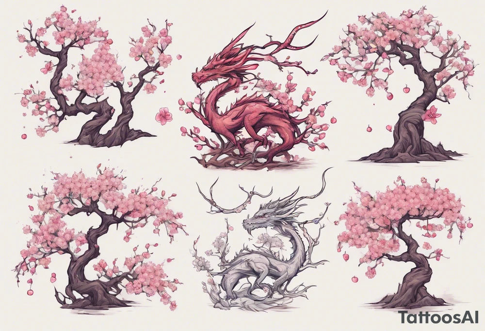 skinny tree brand with small cherry blossom flowers. Small fantasy dragon perched on branch. tattoo idea