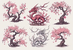 skinny tree brand with small cherry blossom flowers. Small fantasy dragon perched on branch. tattoo idea