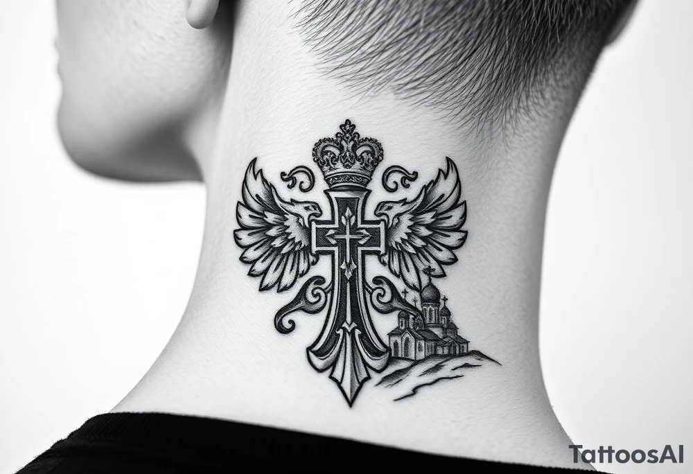 russian coat arms in a russian christian orthodox cross with the cross in the middle with a virgin mary & orthodox dome church on the side of the neck in a wilderness setting tattoo idea
