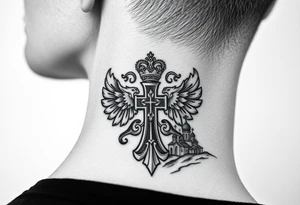 russian coat arms in a russian christian orthodox cross with the cross in the middle with a virgin mary & orthodox dome church on the side of the neck in a wilderness setting tattoo idea