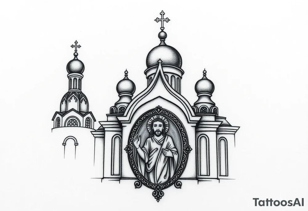 medium sized Russian orthodox church with bulb domes with a prominent russian orthodox mosaic jesus tattoo idea