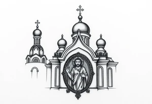 medium sized Russian orthodox church with bulb domes with a prominent russian orthodox mosaic jesus tattoo idea