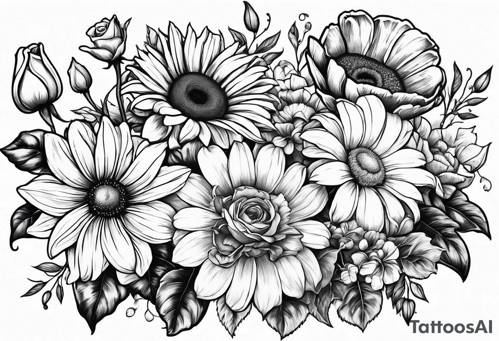 Roses, marigolds, cosmos, daisies, sweet peas and sunflowers tattoo idea