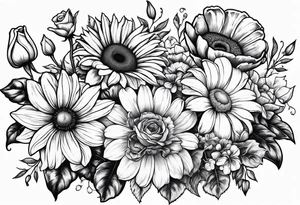 Roses, marigolds, cosmos, daisies, sweet peas and sunflowers tattoo idea