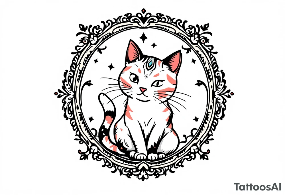 Neo traditional cat in an ornate frame tattoo idea
