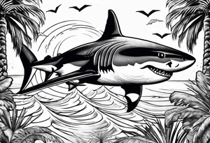 Great white shark, hurricane, palm trees, dollar signs tattoo idea