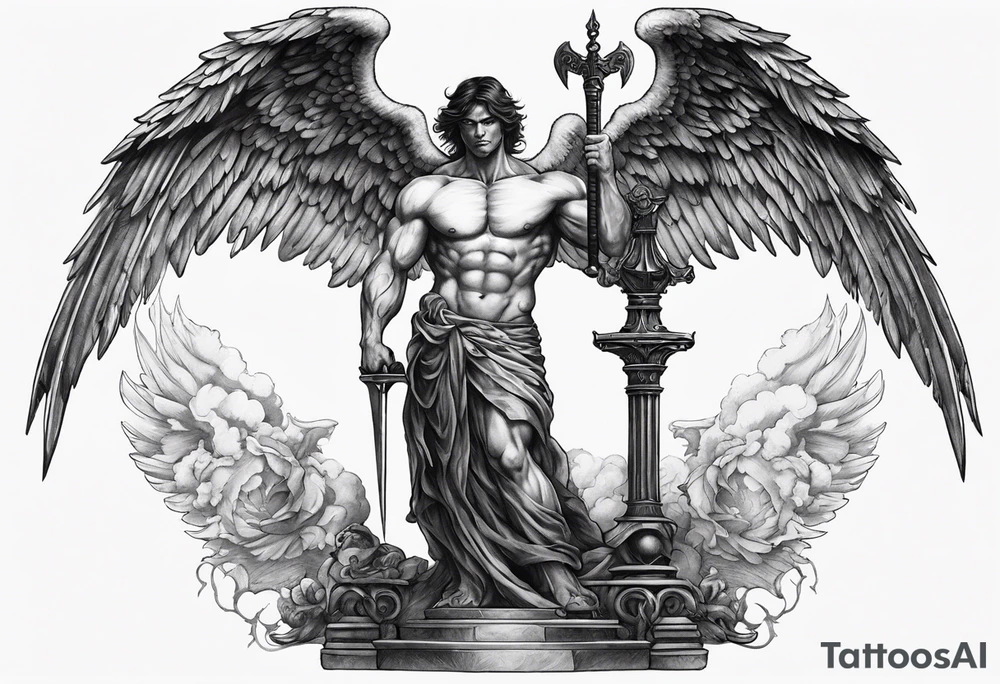 Blank muscular human angel being rising from the ground with one arm holding a balance scale and the other holding a sword. Very large angel/demon wings from each side of being. Powerful, dark, black and white tattoo idea
