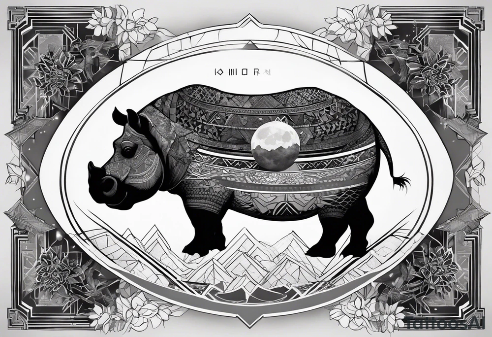 Very asymmetrical, +geometric pattern, with realistic full moon, with hippo at side look, +tribal, +geometric, +inkart , +blackwork, +grey scale, + sketch
with wintersweet flower bud, +inkart touch, +for men tattoo idea