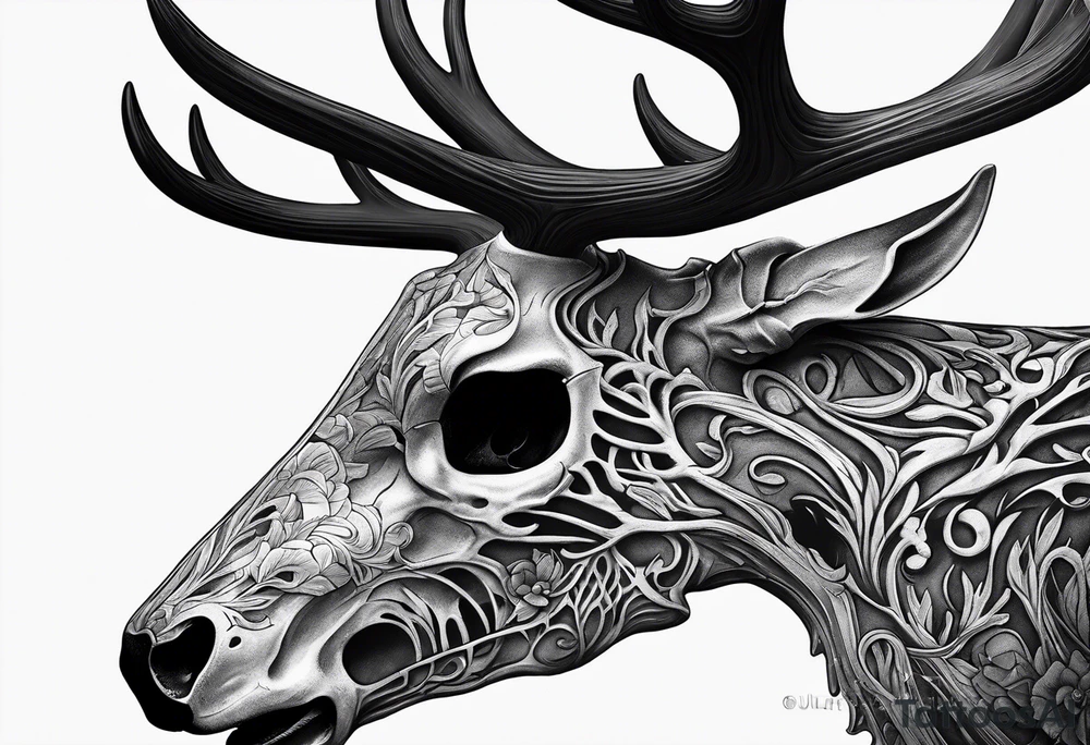 A side view of a decayed deer skull with no skin JUST BONE FOREST FIRE tattoo idea