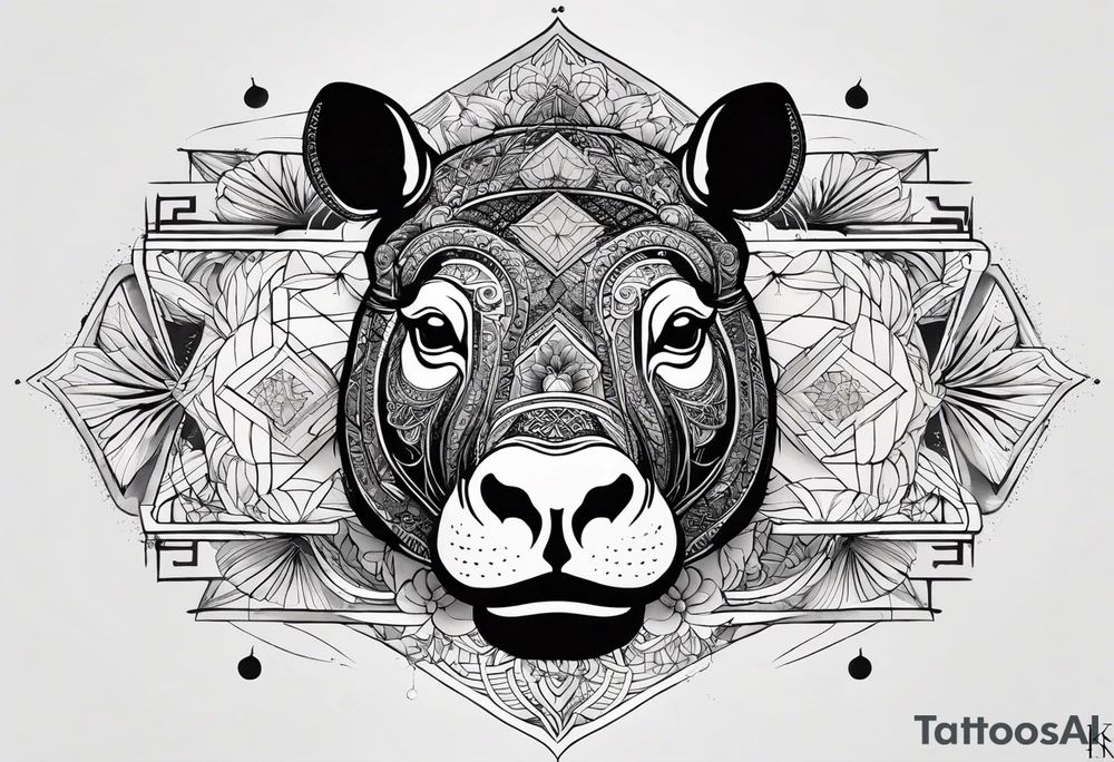 Very asymmetrical, +geometric pattern, with realistic full moon, with handsome hippo, +zen feel, + Buddhism touch, +tribal, +geometric, +inkart 
with wintersweet flower bud, +portrait orientation, +inkart touch, tattoo idea