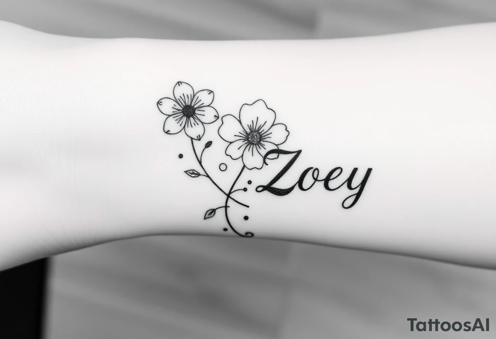 I want it on my wrist. I want a beautiful flower on the inside of my wrist with tendrils down the inside of my arm with little delicate stars or motes and the name Zoey

Why are you showing it on a back? I want it on the inside of my wrist

I want it to be a little smaller. I want the lines to be super fine. I want more organic delicate tendrils. The name Zoey should be about 3" up on the inside of my arm 

I just want the tendrils to look more natural and flowy and graceful.
I do not want stars in it anymore. 
Please show it on the inside of the wrist with the blossom just below the palm and the tendrils curling up the inside of the arm. I want a little more tendrils with some little sparkles very delicate leading to the name
More options. Make it super delicate and graceful. The endrils can have tiny delicate leaves tattoo idea