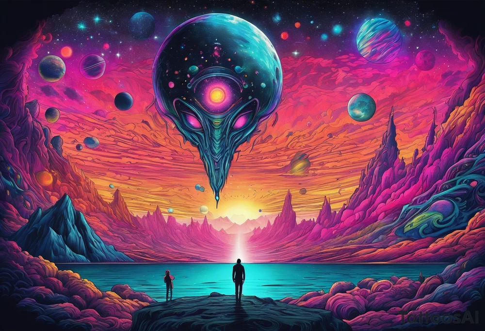 Full Back, synthwave, colossal Alien entities and space stuff, small human on The foreground in awe of The sheer scale of The infinite universe tattoo idea