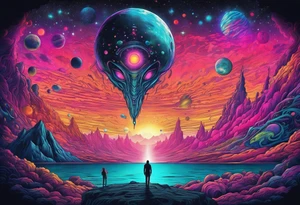 Full Back, synthwave, colossal Alien entities and space stuff, small human on The foreground in awe of The sheer scale of The infinite universe tattoo idea