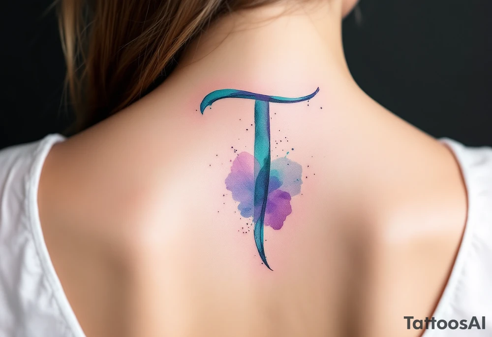 A watercolor-style "T" in shades of turquoise and purple, blending like paint strokes. tattoo idea