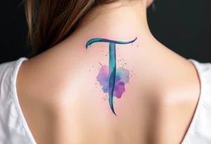 A watercolor-style "T" in shades of turquoise and purple, blending like paint strokes. tattoo idea