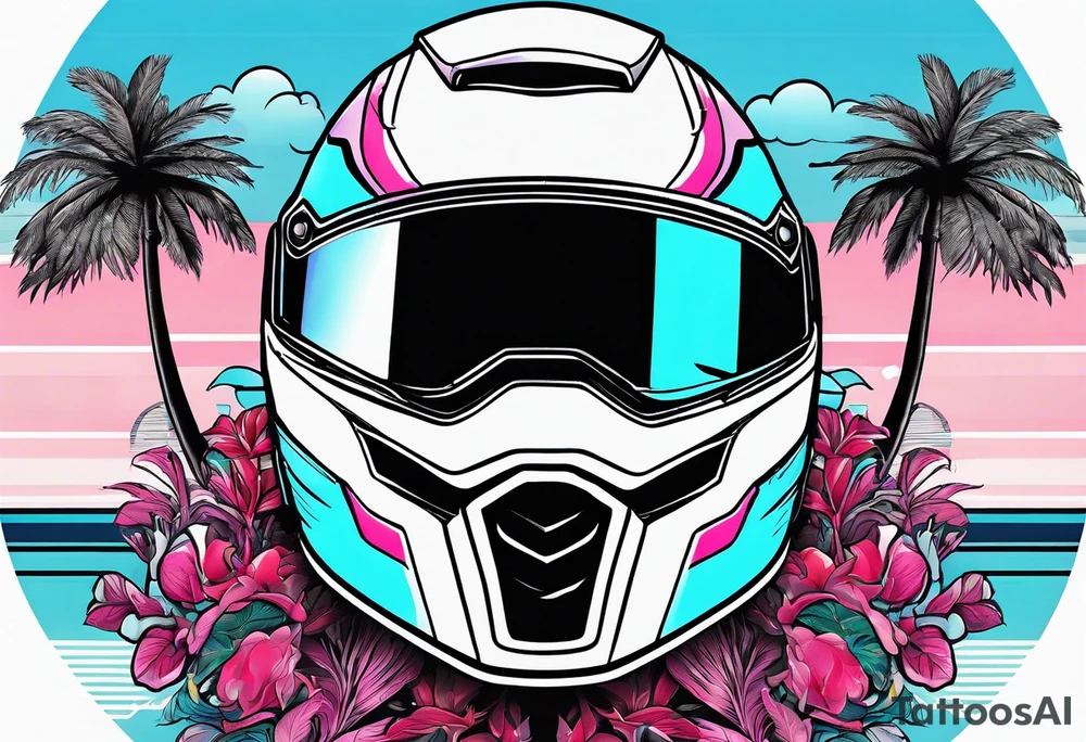 Formula 1 helment with a palm tree and black pink and light blue color tattoo idea