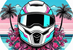 Formula 1 helment with a palm tree and black pink and light blue color tattoo idea