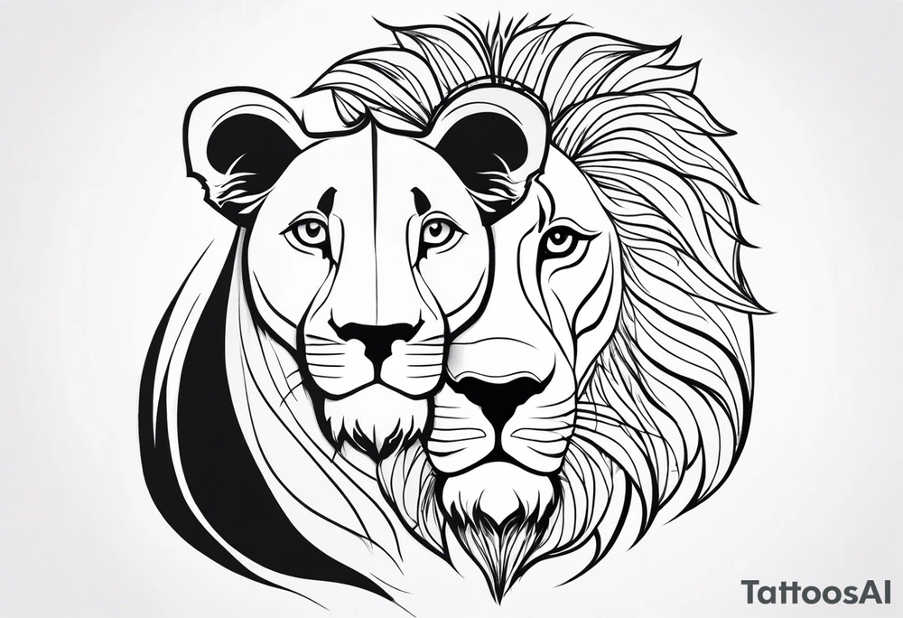 Moitié visage lion avec son bebe lionne tattoo idea