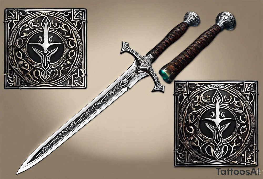 The Master Sword in a detailed, elegant drawing, with the hilt adorned with delicate engravings of elemental symbols: a flickering flame for fire, a gentle wave for water, a sprouting leaf for earth, and a twisting breeze for air. The blade itself is sleek and polished tattoo idea