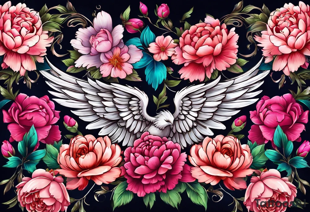 beautiful angel wings with floral peonies, roses, neon, brightly colored. highly detailed, tattoo idea